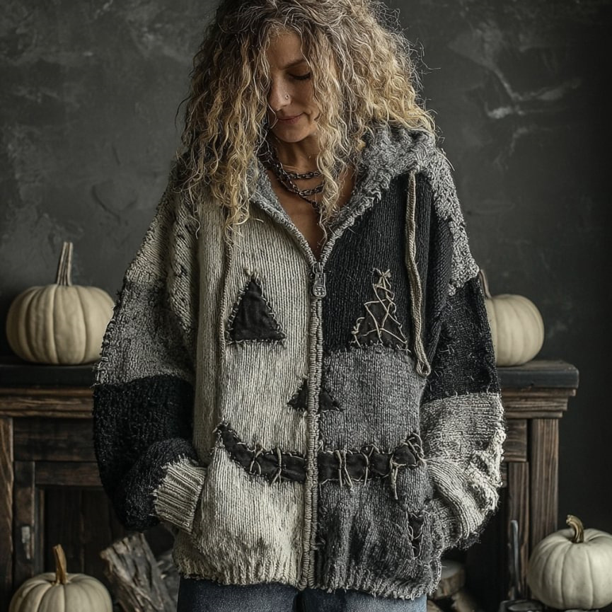 Halloween Sweater Winter Gothic Oversized Knit Cardigan Patchwork Print Knit Top